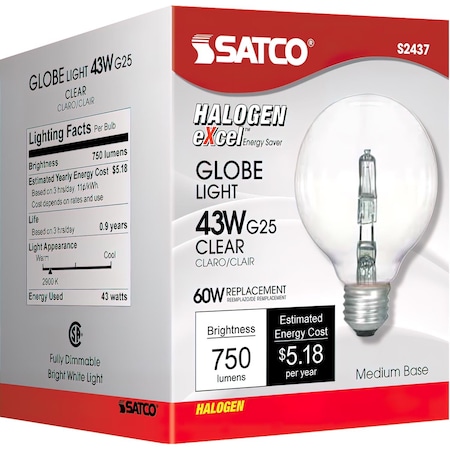 Satco 43 W G25 Globe Halogen Bulb 750 lm Warm White S2437